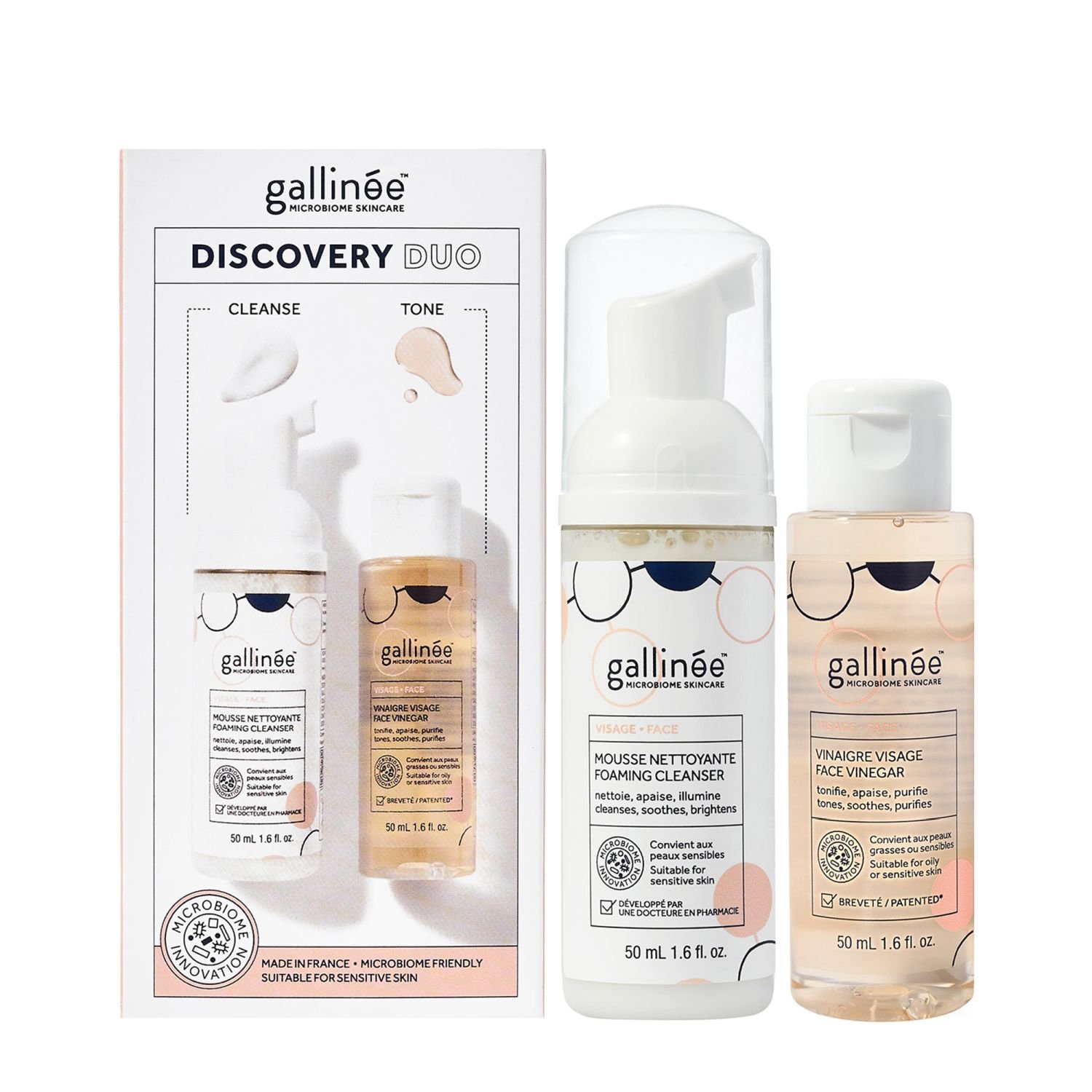 Дуо комплект Gallinee: Microbiome Skincare пребиотици и постбиотици почистваща пяна 50 мл + Microbiome Skincare пребиотици и постбиотици успокояващ лосион за лице 50 мл