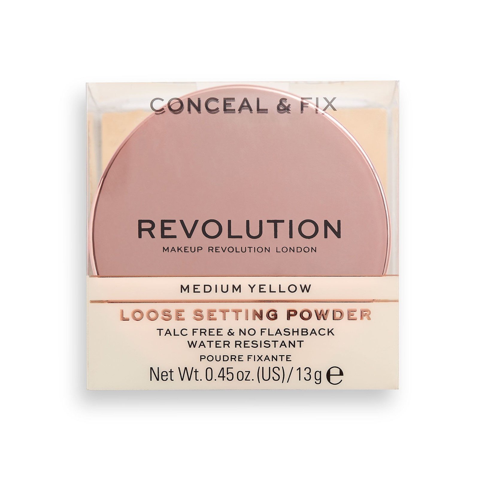 Makeup Revolution Conceal & Fix Vegan Пудра за фиксация на цвят средно жълта 13 г