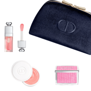 Комплект за блясък Natural Glow Ritual Christian Dior: Backstage Rosy Glow компактна пудра руж 001 розов 4.6 г + Addict гланцово масло за устни 001 розов 6 мл + Abricot укрепващ крем за нокти 8 г + текстилна чантичка за грим синя