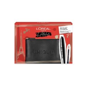 Комплект L'Oreal Paris: L'Oreal Paris молив за очи Kajal черен 1.5 г + Mega Volume Collagene 24h водоустойчива спирала Mega Black 9 мл + текстилна чантичка за грим черна