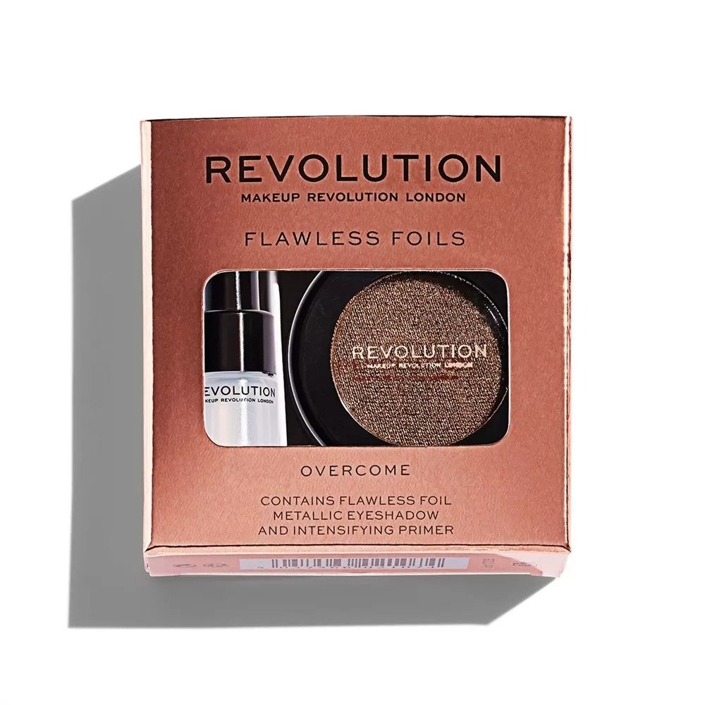 Комплект Makeup Revolution: Flawless Foils Vegan основа за сенки за очи 2 мл + Flawless Foils Vegan палитра сенки за очи Overcome 2 г