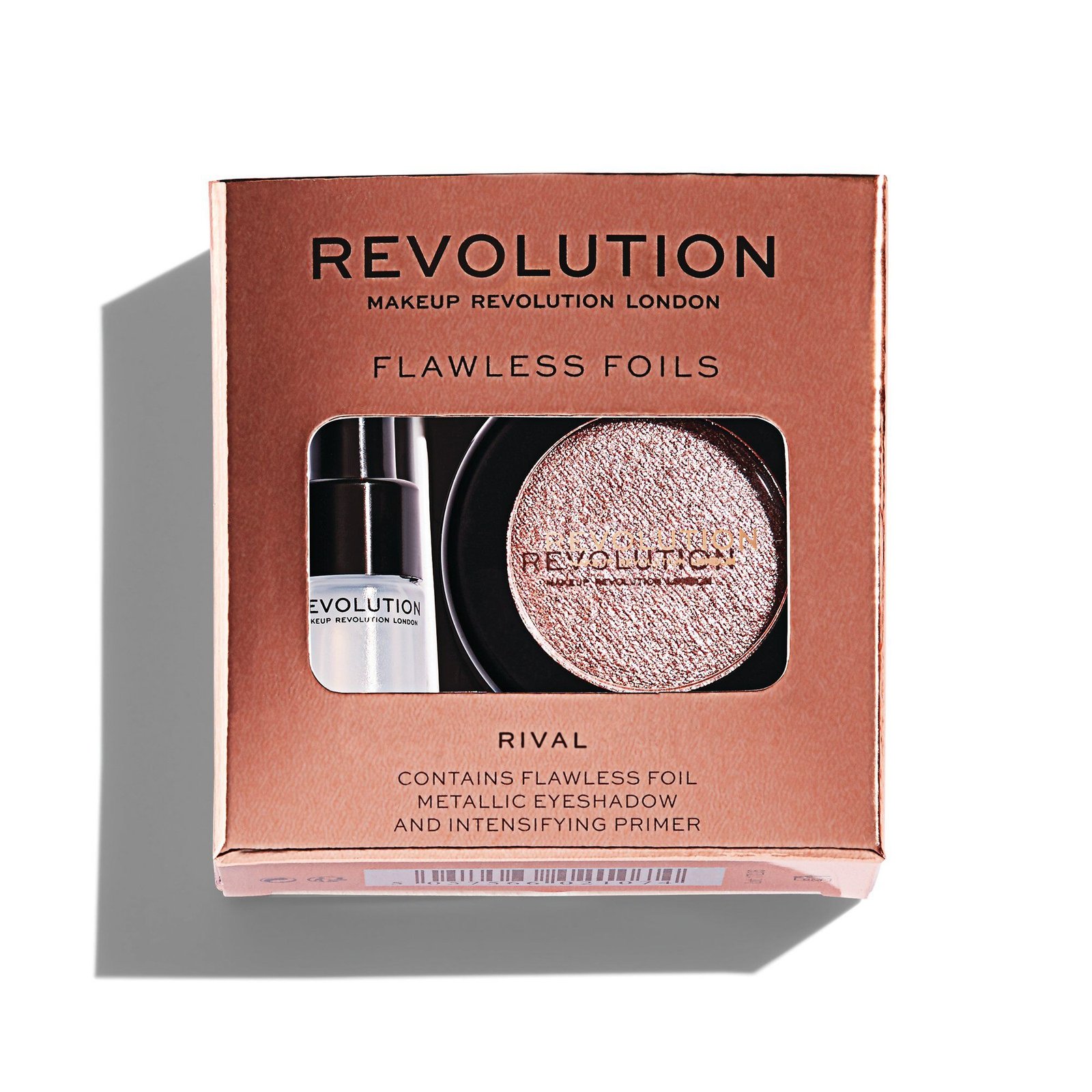 Комплект Makeup Revolution: Flawless Foils Vegan основа за сенки за очи 2 мл + Flawless Foils Vegan палитра сенки за очи Rival 2 г