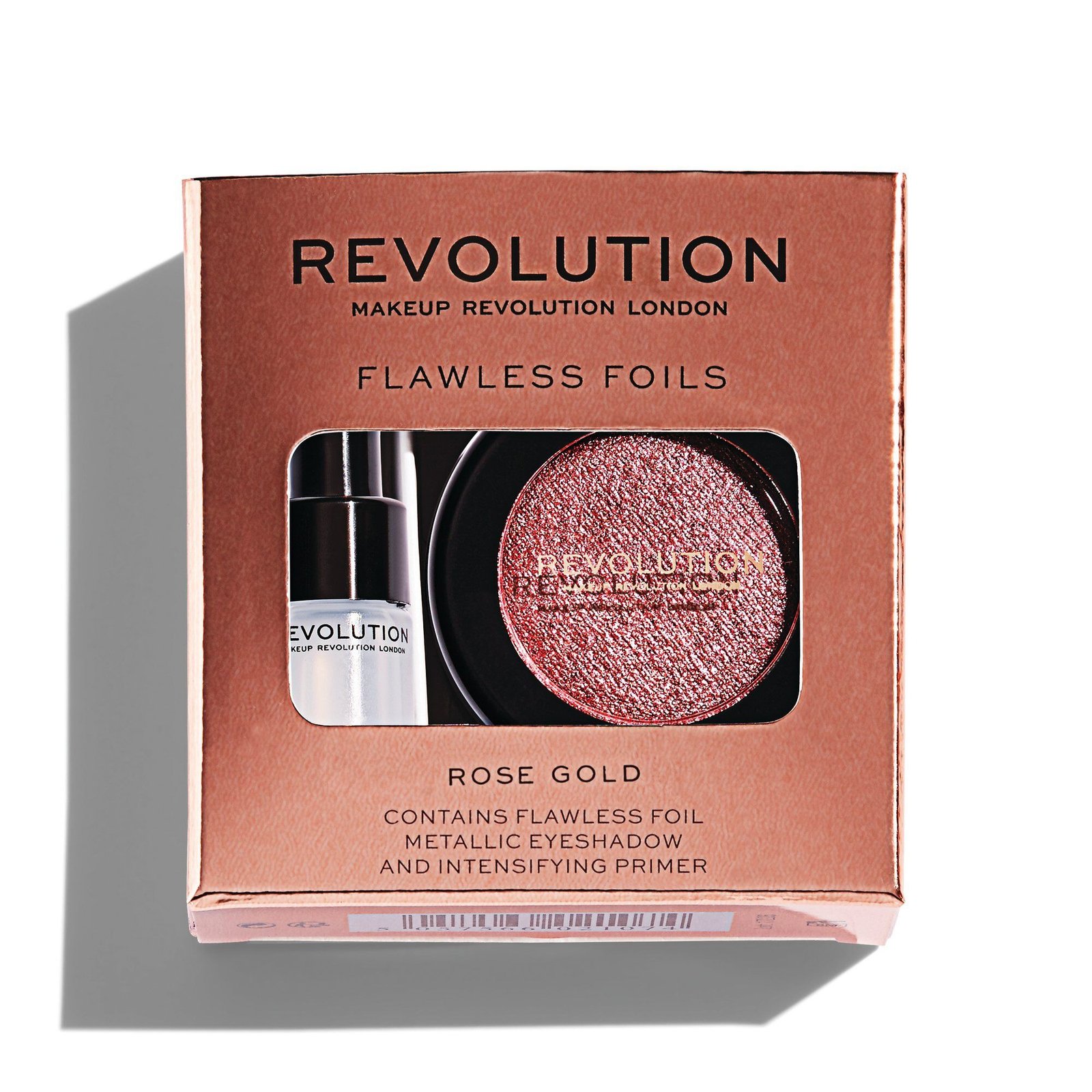 Комплект Makeup Revolution: Flawless Foils Vegan основа за сенки за очи 2 мл + Flawless Foils Vegan палитра сенки за очи Rose Gold 2 г