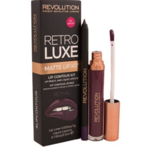 Комплект Makeup Revolution: Retro Luxe Matte течно червило Royal 5.5 мл + Retro Luxe очна линия за устни Royal 1 г