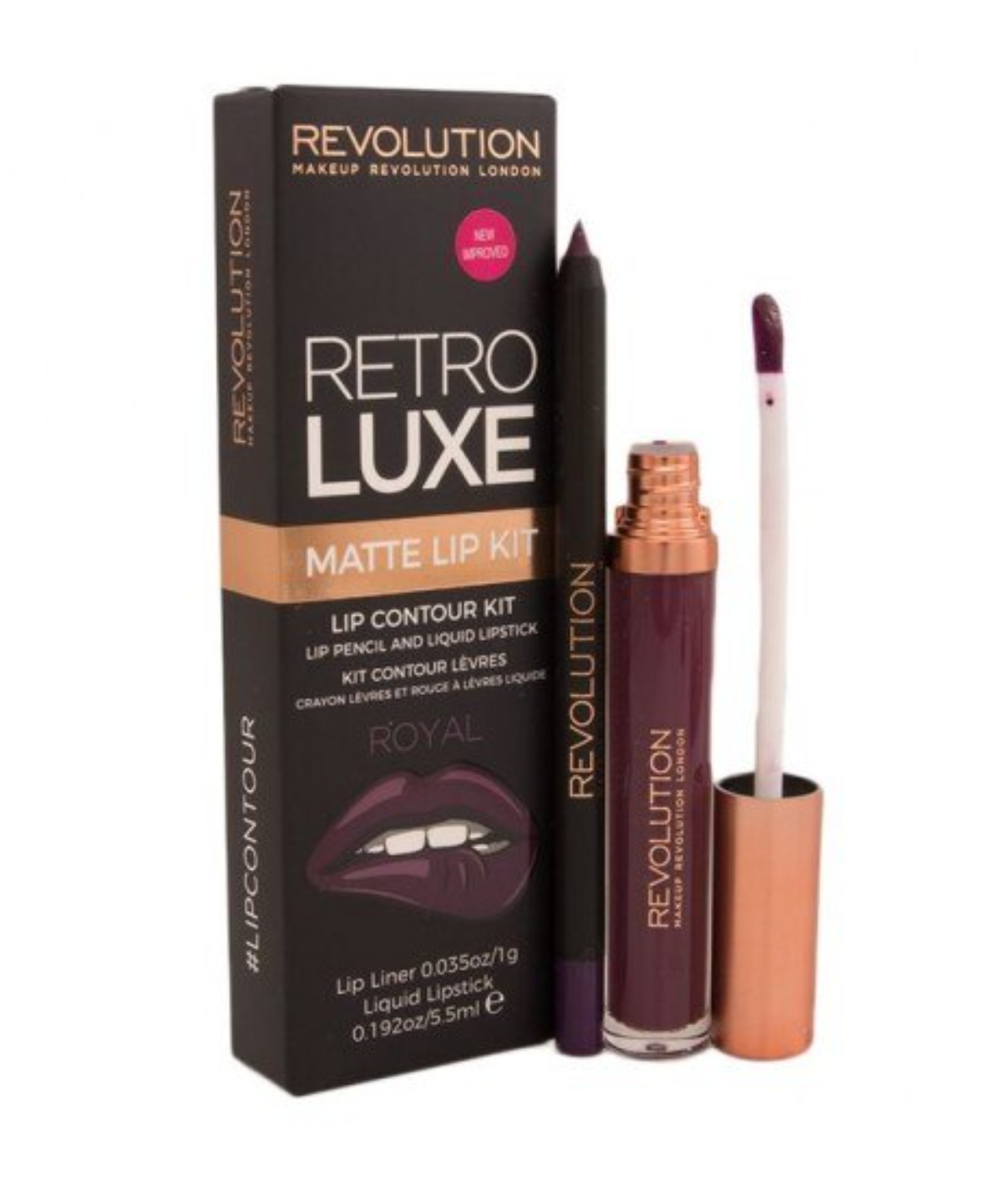 Комплект Makeup Revolution: Retro Luxe Matte течно червило Royal 5.5 мл + Retro Luxe очна линия за устни Royal 1 г