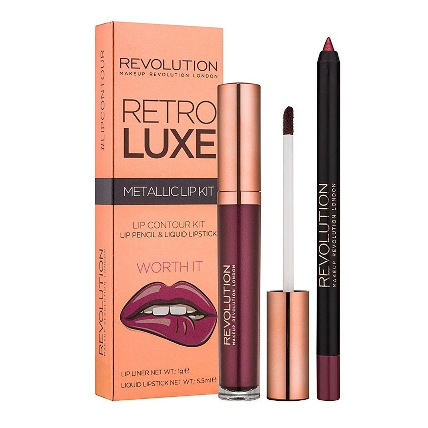 Комплект Makeup Revolution: Retro Luxe металик течно червило Worth It 5.5 мл + Retro Luxe очна линия за устни Worth It 1 г
