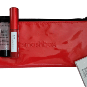 Делукс комплект за пробен период Smashbox: Super Fan спирала за обем черна 5 мл + фотофиниш изглаждащ течен грунд 7.1 мл + текстилна чантичка за грим червена