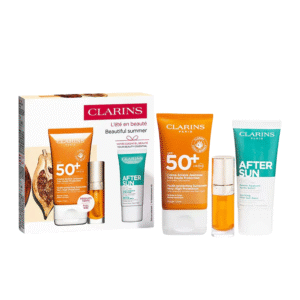 Комплект Clarins: Clarins Хидратиращ слънцезащитен крем За лице SPF 50+ 50 мл + Регенериращ балсам за след слънце 30 мл + Lip Confort Олио за устни 01 7 мл