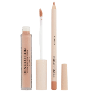 Комплект Makeup Revolution: Makeup Revolution течно червило Stunner 3 мл + Makeup Revolution Precision очна линия за устни Stunner 1 г