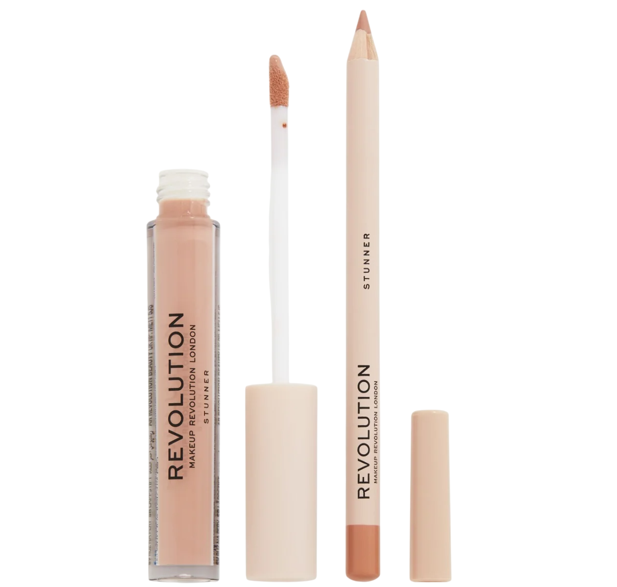 Комплект Makeup Revolution: Makeup Revolution течно червило Stunner 3 мл + Makeup Revolution Precision очна линия за устни Stunner 1 г