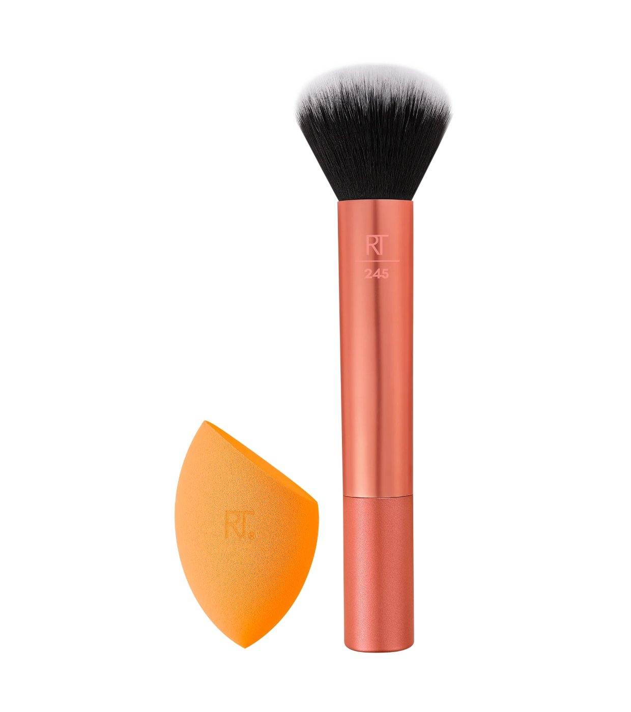Комплект Real Techniques: Real Techniques Четка за разнасяне на фон дьо тен цвят 245 + Miracle Гъба за грим Оранжева
